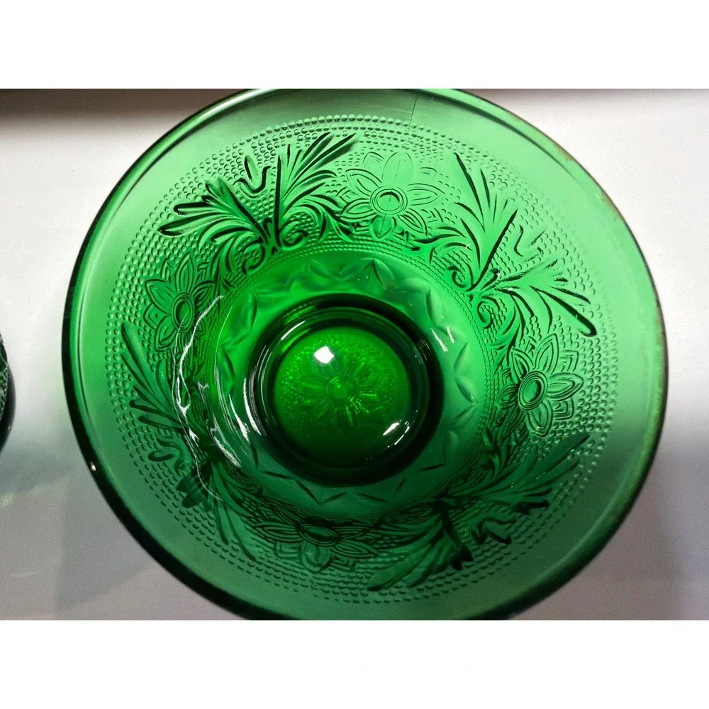 Vintage Emerald Green Glass Floral Pressed‎ Dessert Custard Bowls Set of 2
